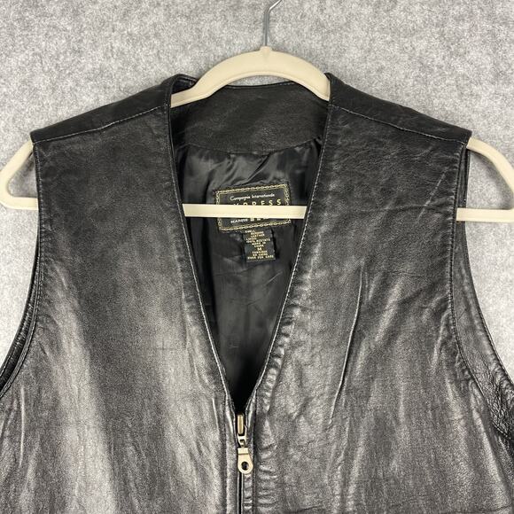 Vintage Express Vest Mens Medium Black Leather Zipper Pockets Biker Moto 90s Y2K - Picture 2 of 14